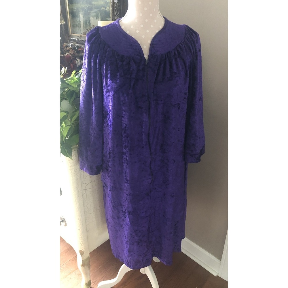 Vtg Granada Robe Purple Crushed Velvet Look Housecoat Zip Front Pockets Large